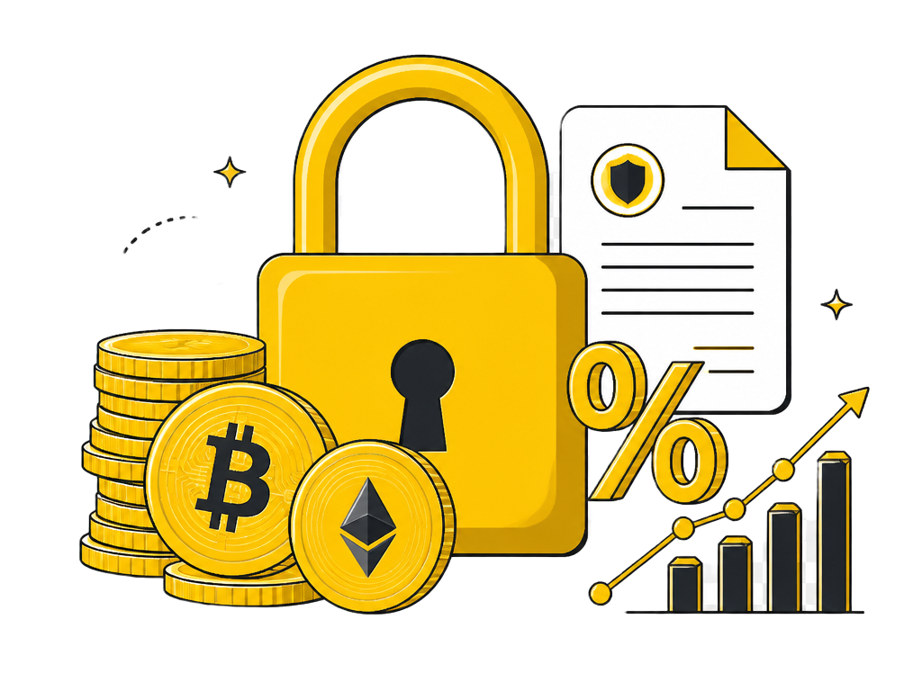 Crypto lending with padlock, coins and interest document